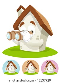 House cartoon character  illustration seeing through binocular