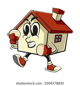 house cartoon character mascot retro vector design practicing boxing wearing boxing glove, work of hand drawn