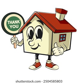 house cartoon character mascot retro vector design carrying a sign saying thank you, work of hand drawn