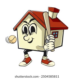 house cartoon character mascot retro vector design playing baseball ready to hit the ball with the bat, work of hand drawn
