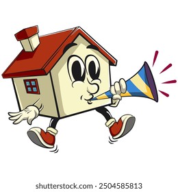 house cartoon character mascot retro vector design blow the party horn, work of hand drawn