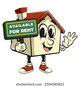 house cartoon character mascot retro vector design carrying a sign saying available for rent, work of hand drawn