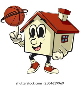 house cartoon character mascot retro vector design spin the basketball with the index finger, work of hand drawn
