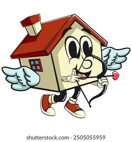 Haus Cartoon Charakter Maskottchen Retro-Vektor-Design zu einem Cupiden mit Engel Flügel und den Pfeil der Liebe, handgezeichnete Arbeit