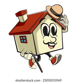 house cartoon character mascot retro vector design carrying a stick and saluting with raised hat, work of hand drawn