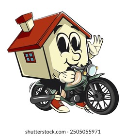 house cartoon character mascot retro vector design riding a big motorcycle, work of hand drawn