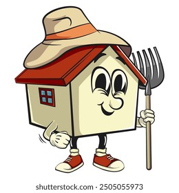 house cartoon character mascot retro vector design as farmer in hat with his fork, work of hand drawn
