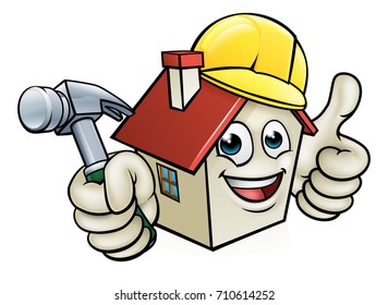 A house cartoon character mascot wearing construction site hard hat, holding a hammer giving thumbs up