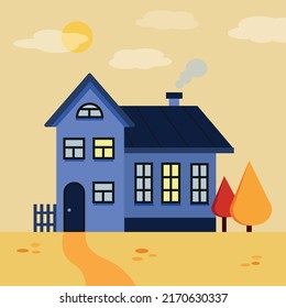 House cartoon. Cozy house and autumn landscape. Vector illustration in a flat style.