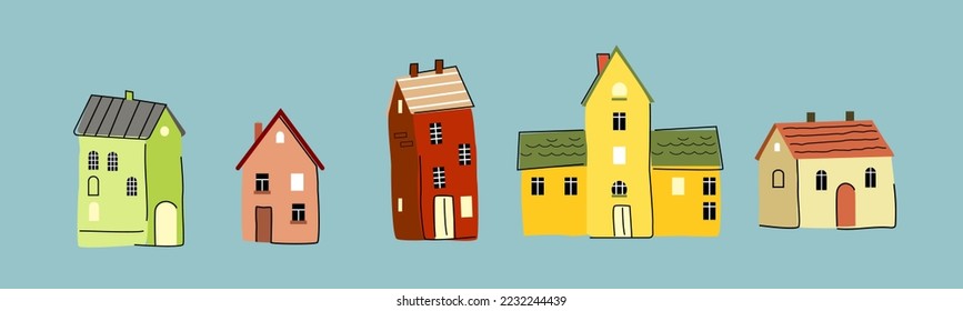 House. Cartoon houses in scandinavian style. Multicolored bright high-rise buildings. Objects for your design isolated.