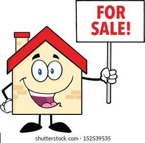 House Cartoon Mascot Character Holding Up A Blank Sign With Text
