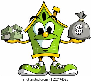 House cartoon mascot logo holding cash, house cartoon character with the cash money.