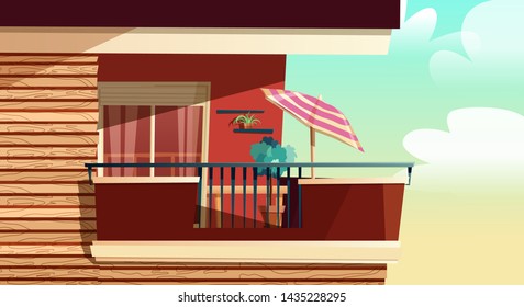 House cartoon outside concept, multistory apartment, balcony with umbrella on a building. Vector illustration. Architecture, networking, advertising, promotion, web background.