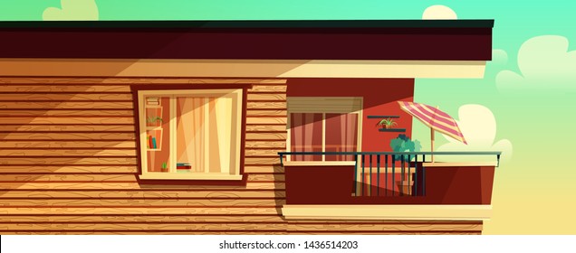 House cartoon outside concept, multistory apartment, balcony on a building. Vector illustration. Architecture, networking, advertising, promotion, web background.