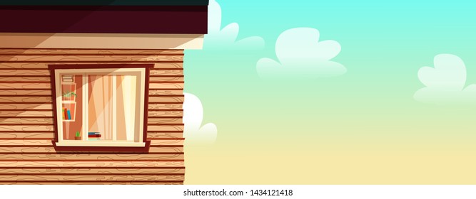 House cartoon outside concept with window, multistory apartment, living room interior with furniture. Vector illustration. Architecture, networking, advertising, promotion, web background.