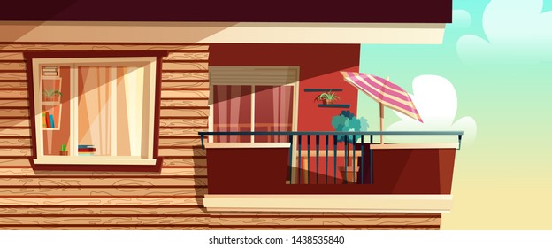 House cartoon outside concept with window, multistory apartment, balcony on a building. Vector illustration. Architecture, networking, advertising, promotion, web background.