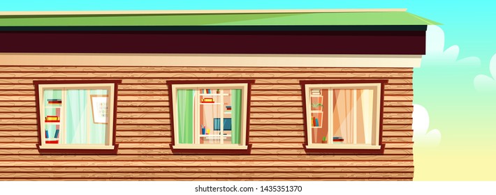 House cartoon outside concept with windows on a building, multistory apartment. Vector illustration. Architecture, networking, advertising, promotion, web background.