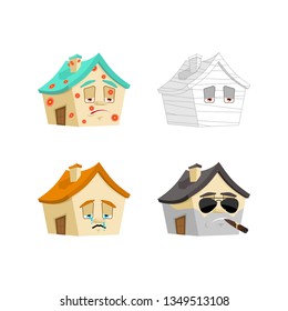 House Cartoon Style set 1. Home Sick and sad. Bandaged and brutal. Building Collection of situations
