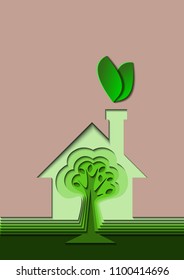 A house carved out of paper, with smoke from the leaves coming from the pipe, and a tree inside it