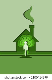 A house carved out of paper, with smoke from the leaves coming from the pipe, and a tree inside it