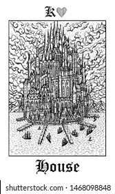 House castle. Tarot card from vector Lenormand Gothic Mysteries oracle deck. Black and white engraved illustration. Fantasy and mystic line art drawing. Gothic, occult and esoteric background