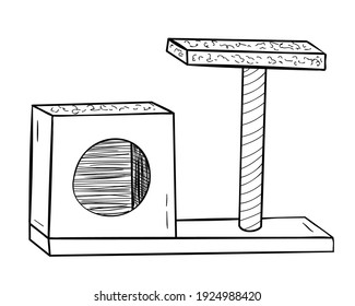 Casa de una perrera de gatos con un poste arañoso y una estantería. Doodle Objetos de contorno aislados sobre un blanco.