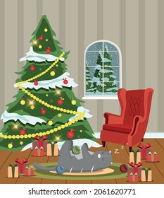 House. The cat is resting on the carpet. Christmas tree with gifts and a cozy armchair. Snowfall. Cute picture. Hand draw. Merry christmas and a happy new year. 2022 year. Cute postcard. Christmas Eve