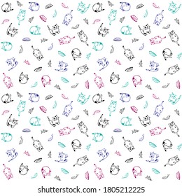 House cat seamless pattern, cute cat illustrations on white background, gift wrapping paper and textile fabric print