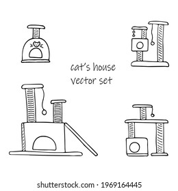 house for cats doodle vector set. scratching post, play house for a pet, a bed for a cat. isolated illustration for your design