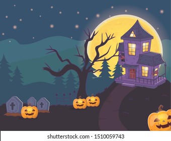 house cemetery pumpkins night halloween