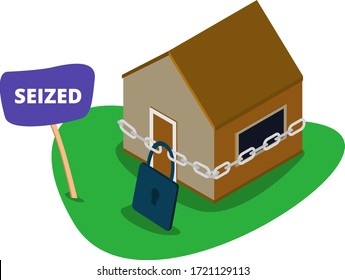 House in chains. Concept - risks, lose property, seize, mortgage. Vector illustration. Isometric house with chain and castle.