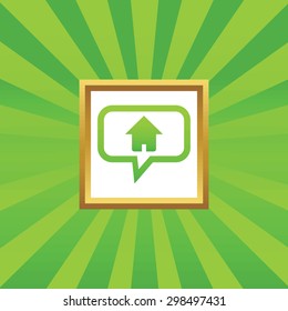 House in chat bubble, in golden frame, on green abstract background