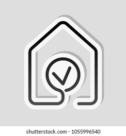 house with check mark icon. line style. Sticker style with white border and simple shadow on gray background