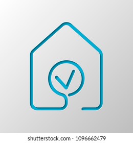 house with check mark icon. line style. Paper design. Cutted symbol with shadow