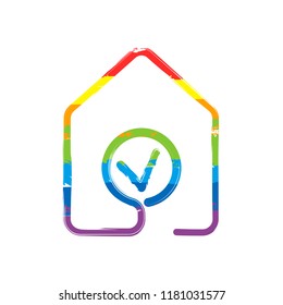 house with check mark icon. line style. Drawing sign with LGBT style, seven colors of rainbow (red, orange, yellow, green, blue, indigo, violet