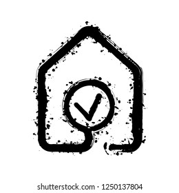house with check mark icon. line style. Black ink with splashes on white background