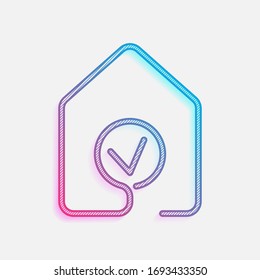 house with check mark icon. line style. Colored logo with diagonal lines and blue-red gradient. Neon graphic, light effect