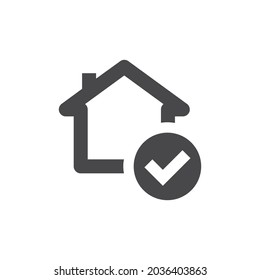 House and checkmark black vector icon. Safe home with ok, tick or check mark symbol.