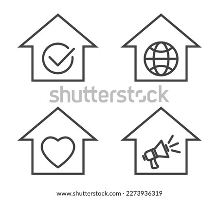 House with checkmark, globe, heart shape and louspeaker outline icon set