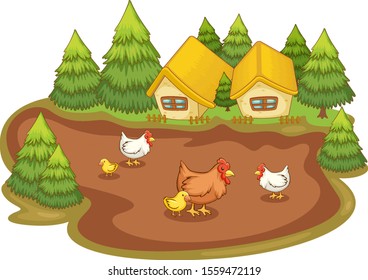 House with chickens on white background illustration