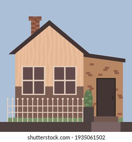 A House With A Chimney, A Fence, A Lawn And A Flower At The Entrance. Flat Style. Vector Illustration.