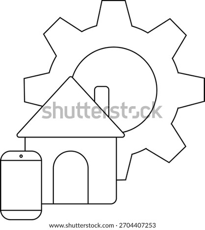 A house with a chimney a gear behind it and a cell phone beside it