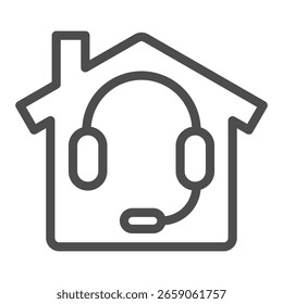 Casa con la chimenea y el icono de la línea del auricular, concepto del trabajo en casa, muestra remota del Vector de la consulta en el fondo blanco, icono del estilo del contorno para el concepto móvil y el Diseño web. Gráficos de Vector