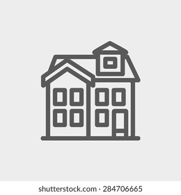 Casa con icono de chimenea línea delgada para web y móvil, moderno diseño minimalista plano. Icono vector de gris oscuro sobre fondo gris claro.