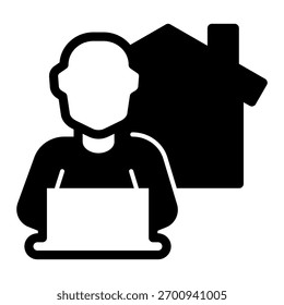 House with chimney and man with laptop solid icon, work from home concept, remote job vector sign on white background, glyph style icon for mobile concept and web design. Vector graphics