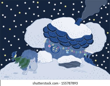 	House with a chimney and a porch. Hedgehog with christmas tree.