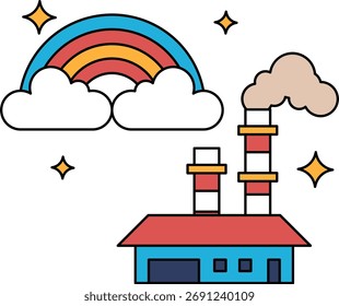 Una casa con una chimenea y un arco iris en el cielo. La casa está rodeada de nubes
