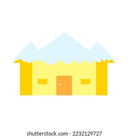 House with chimney and roof covered with snow in winter, funny buildings, colorful and bright home on white background.