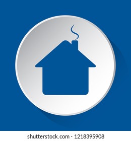house with chimney - simple blue icon on white button with shadow in front of blue square background house with chimney - simple blue icon on white button with shadow in front of blue square background