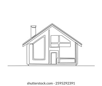 House with chimney in simple line art illustration. Continuous one line draw of house building.
